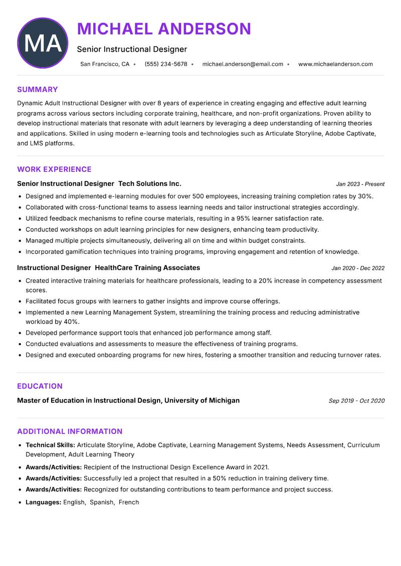Adult Instructional Designer resume example — ATS-friendly template