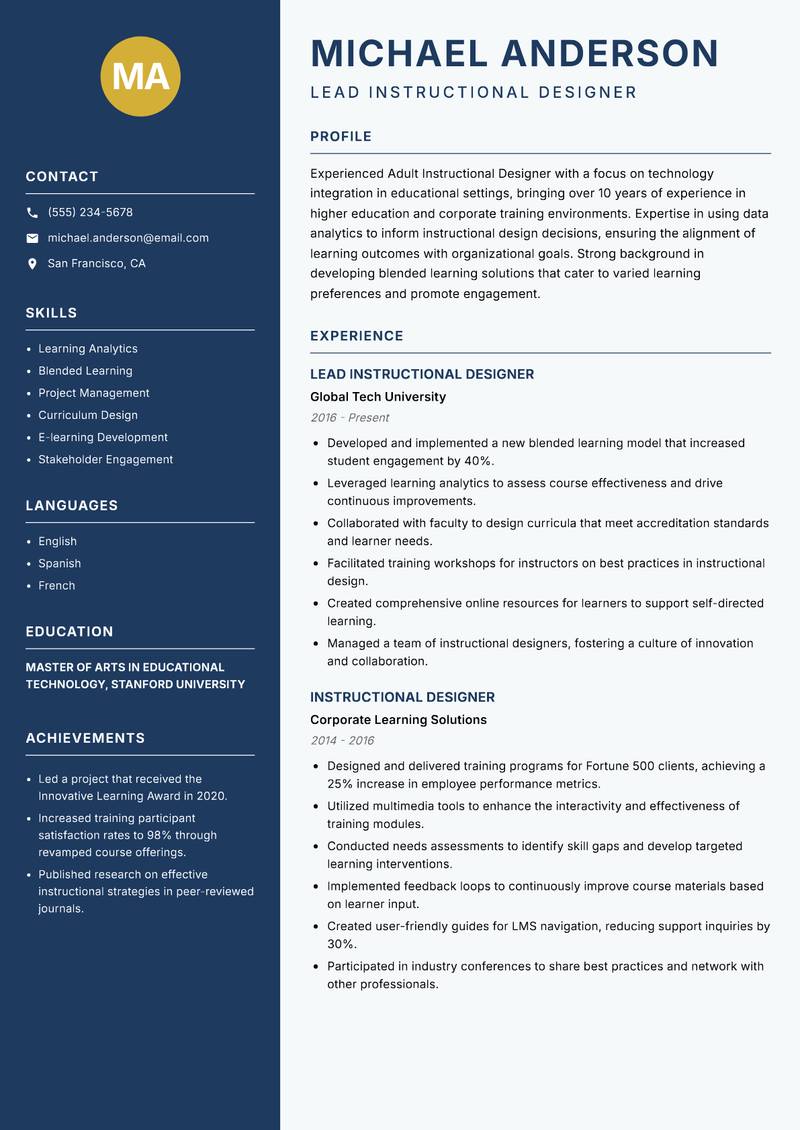 Adult Instructional Designer resume template — Classic Clean