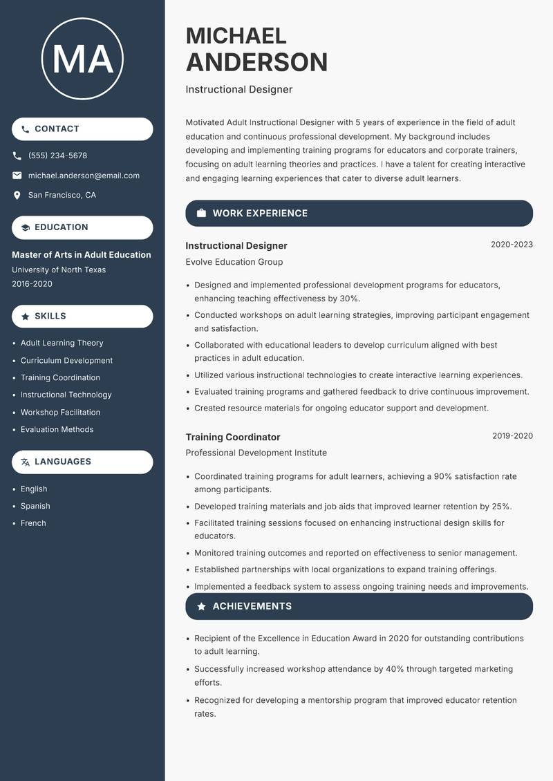Adult Instructional Designer resume template — Compact