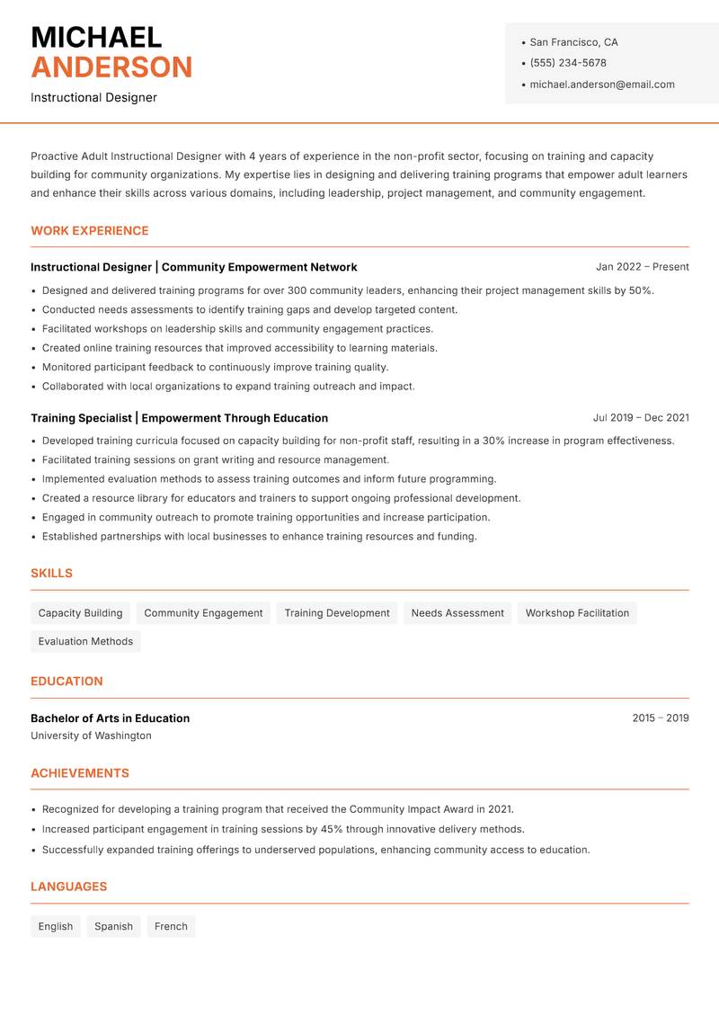 Adult Instructional Designer resume template — Modern Professional