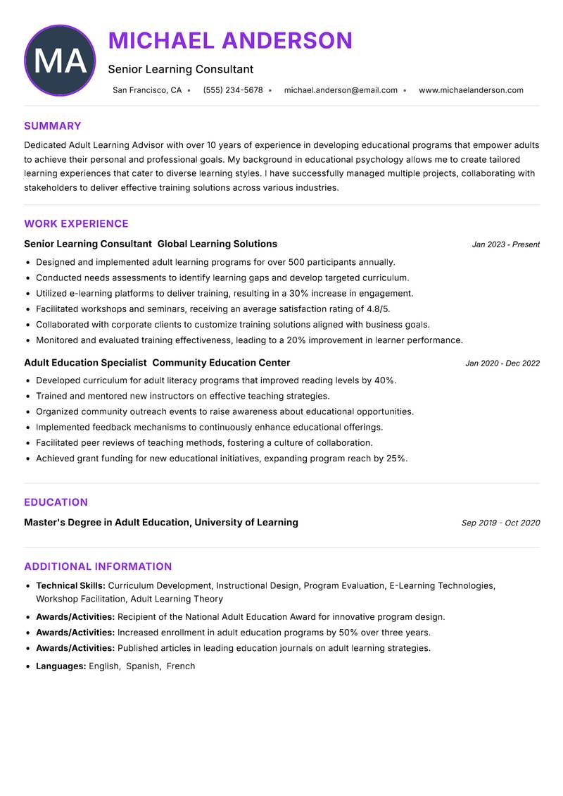 Adult Learning Advisor resume example — ATS-friendly template