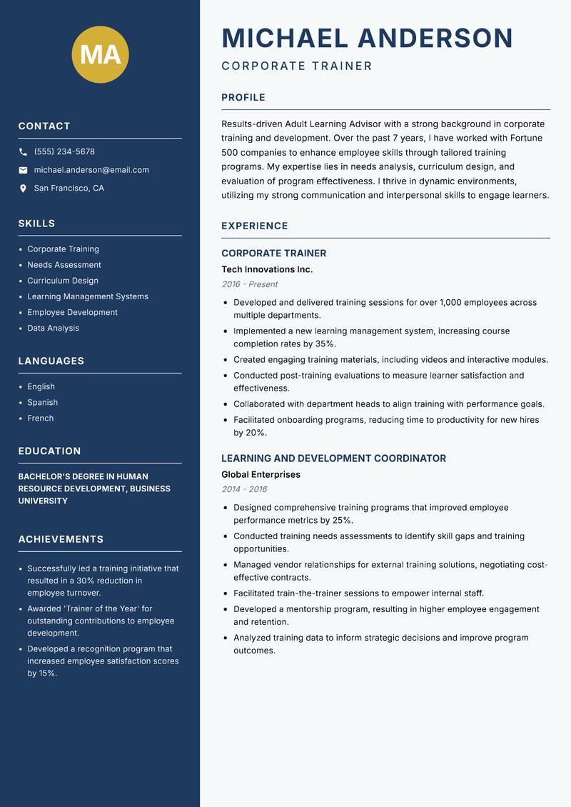 Adult Learning Advisor resume template — Classic Clean