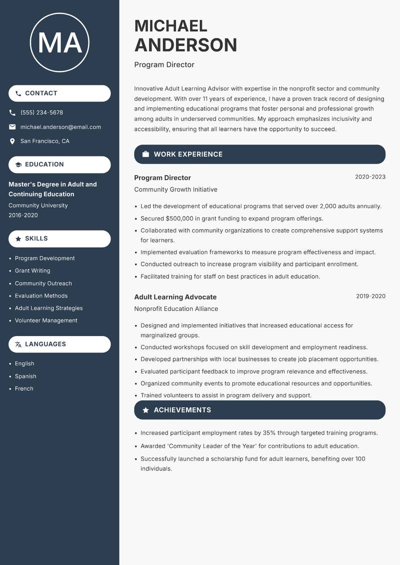 Adult Learning Advisor resume template — Compact