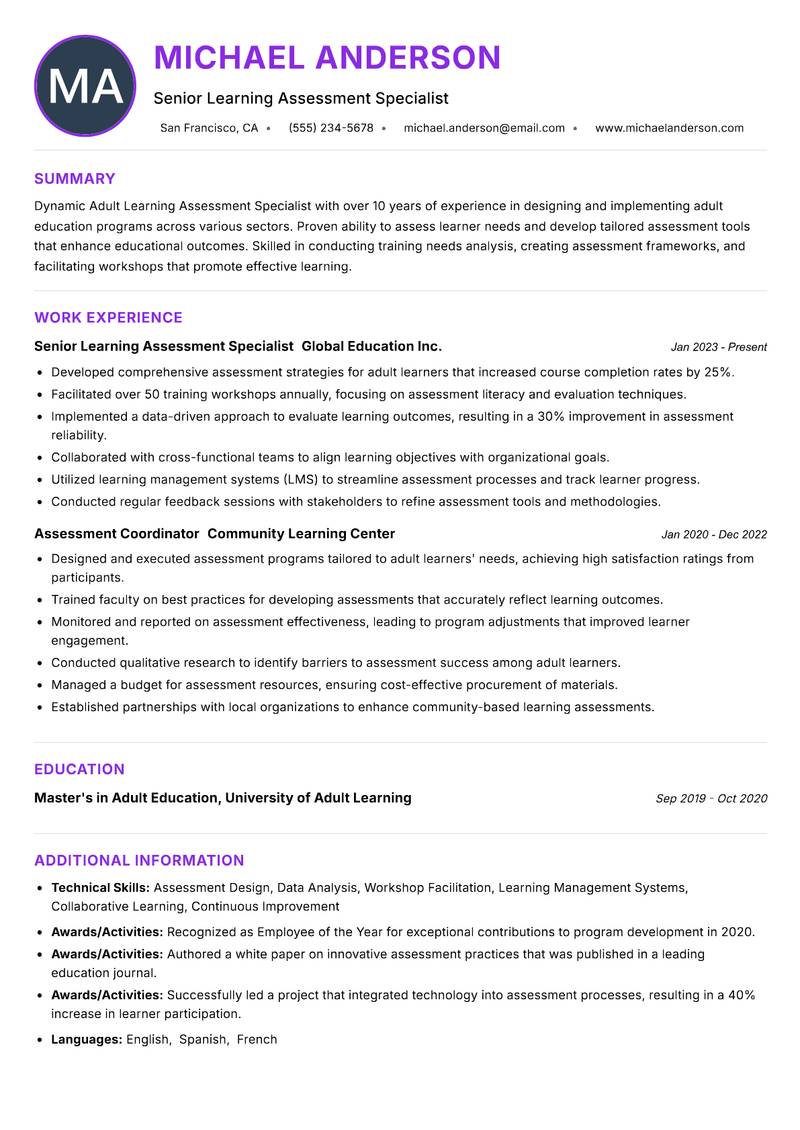 Adult Learning Assessment Specialist resume example — ATS-friendly template