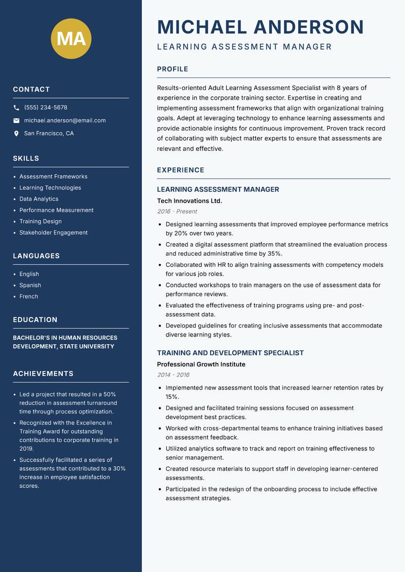 Adult Learning Assessment Specialist resume template — Classic Clean