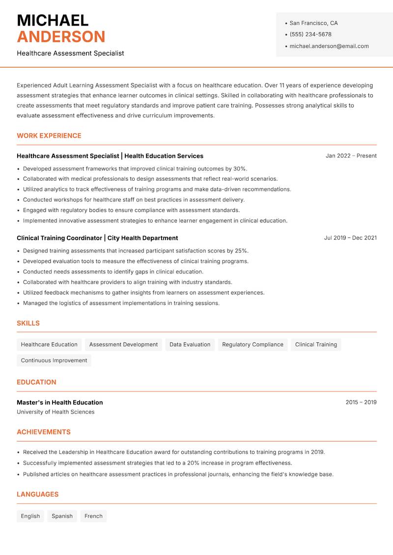 Adult Learning Assessment Specialist resume template — Modern Professional