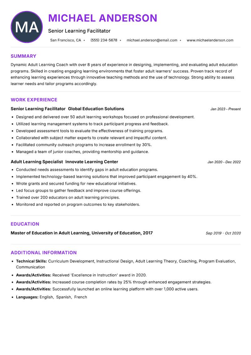Adult Learning Coach resume example — ATS-friendly template