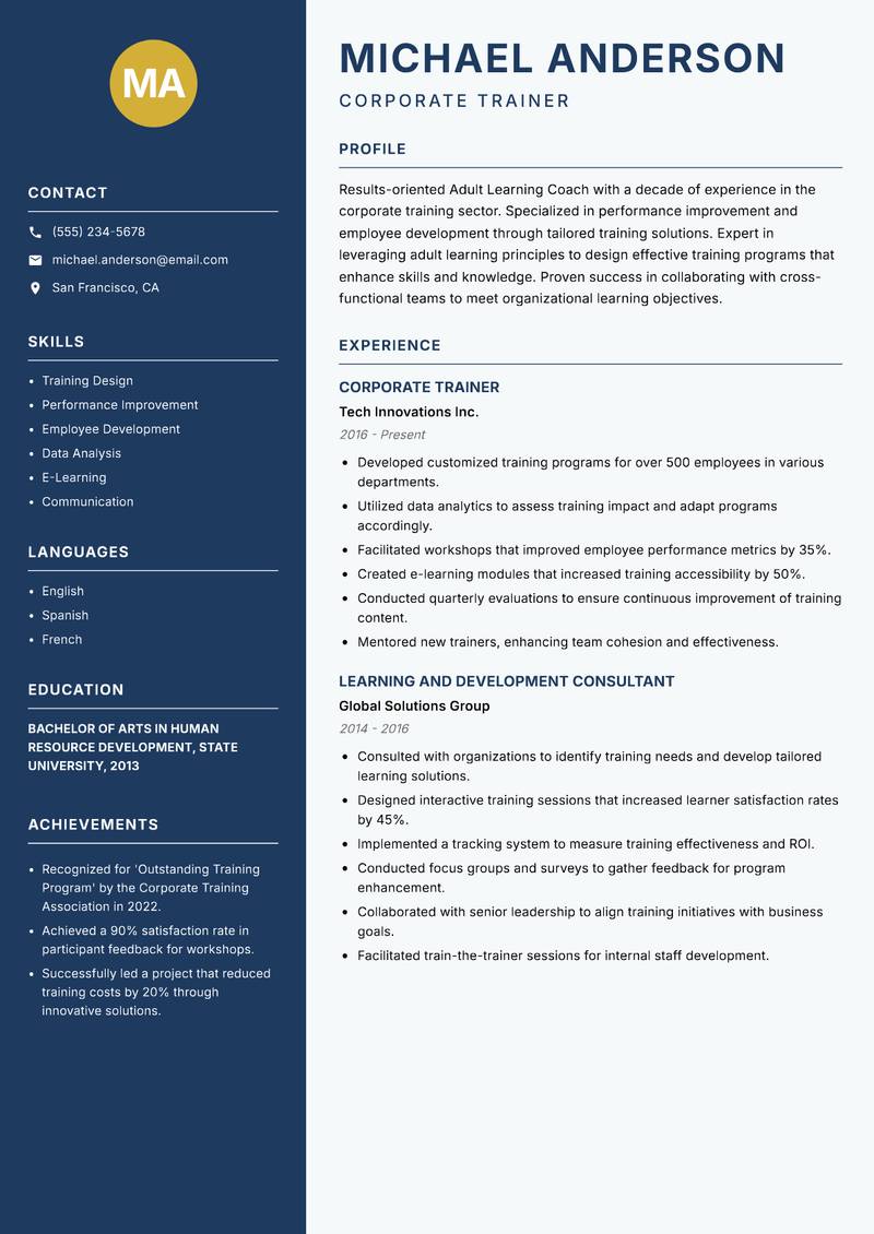 Adult Learning Coach resume template — Classic Clean