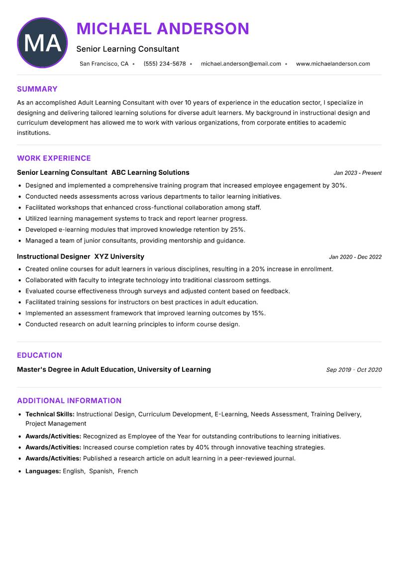 Adult Learning Consultant resume example — ATS-friendly template