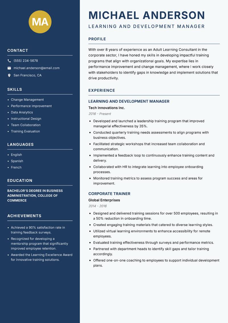Adult Learning Consultant resume template — Classic Clean
