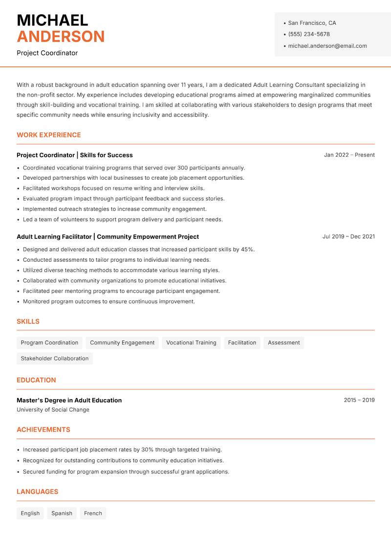 Adult Learning Consultant resume template — Modern Professional