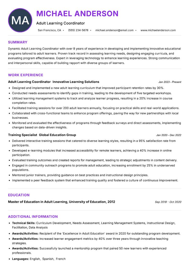 Adult Learning Coordinator resume example — ATS-friendly template