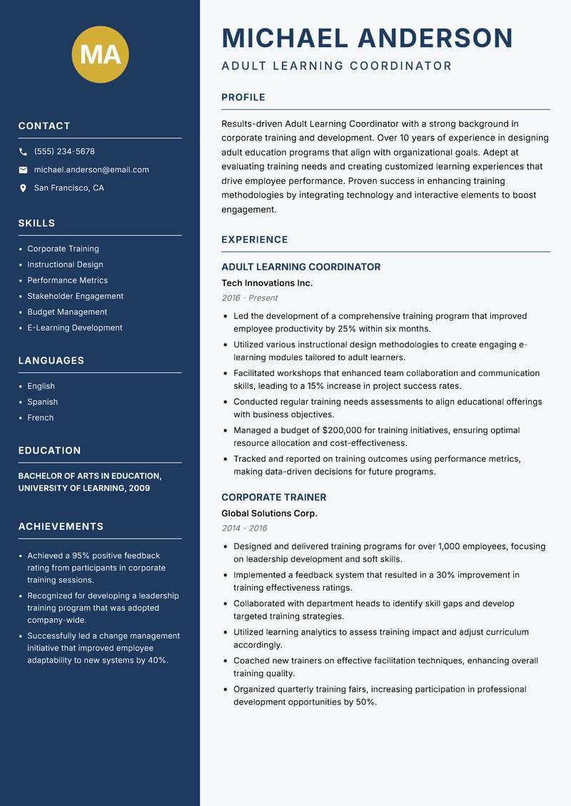 Adult Learning Coordinator resume template — Classic Clean
