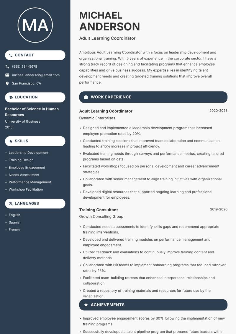 Adult Learning Coordinator resume template — Compact