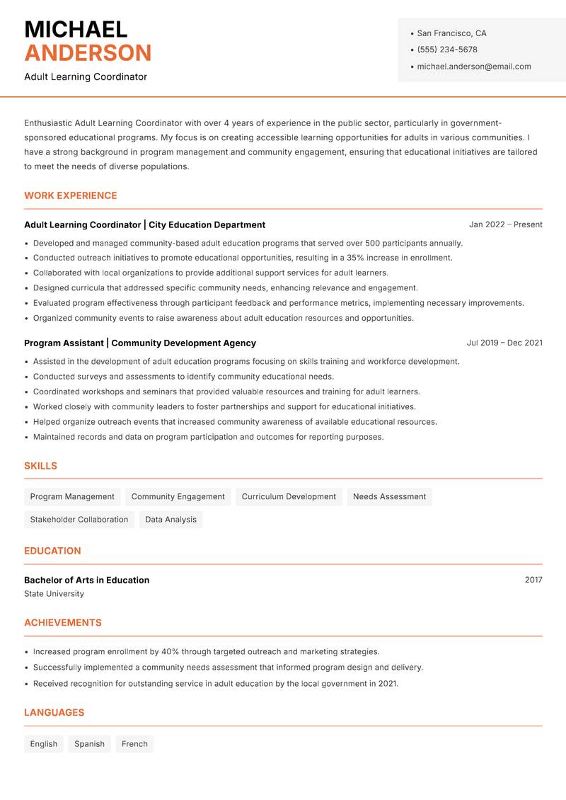Adult Learning Coordinator resume template — Modern Professional