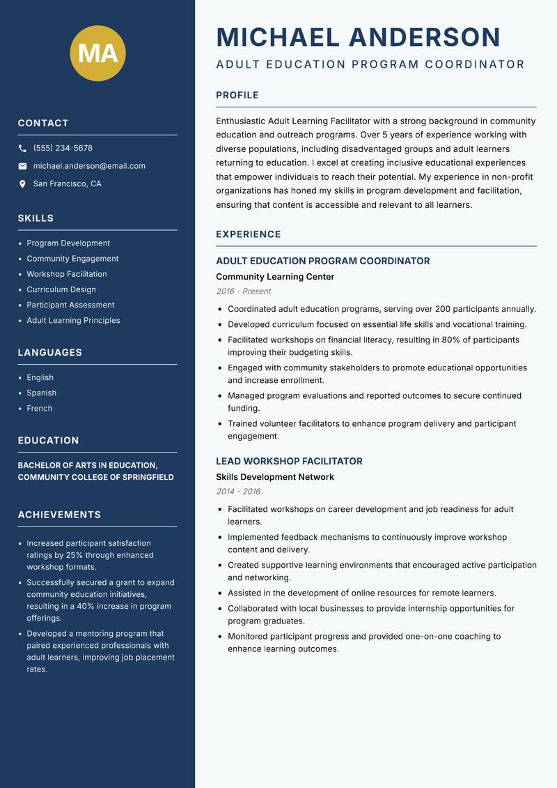 Adult Learning Facilitator resume template — Classic Clean