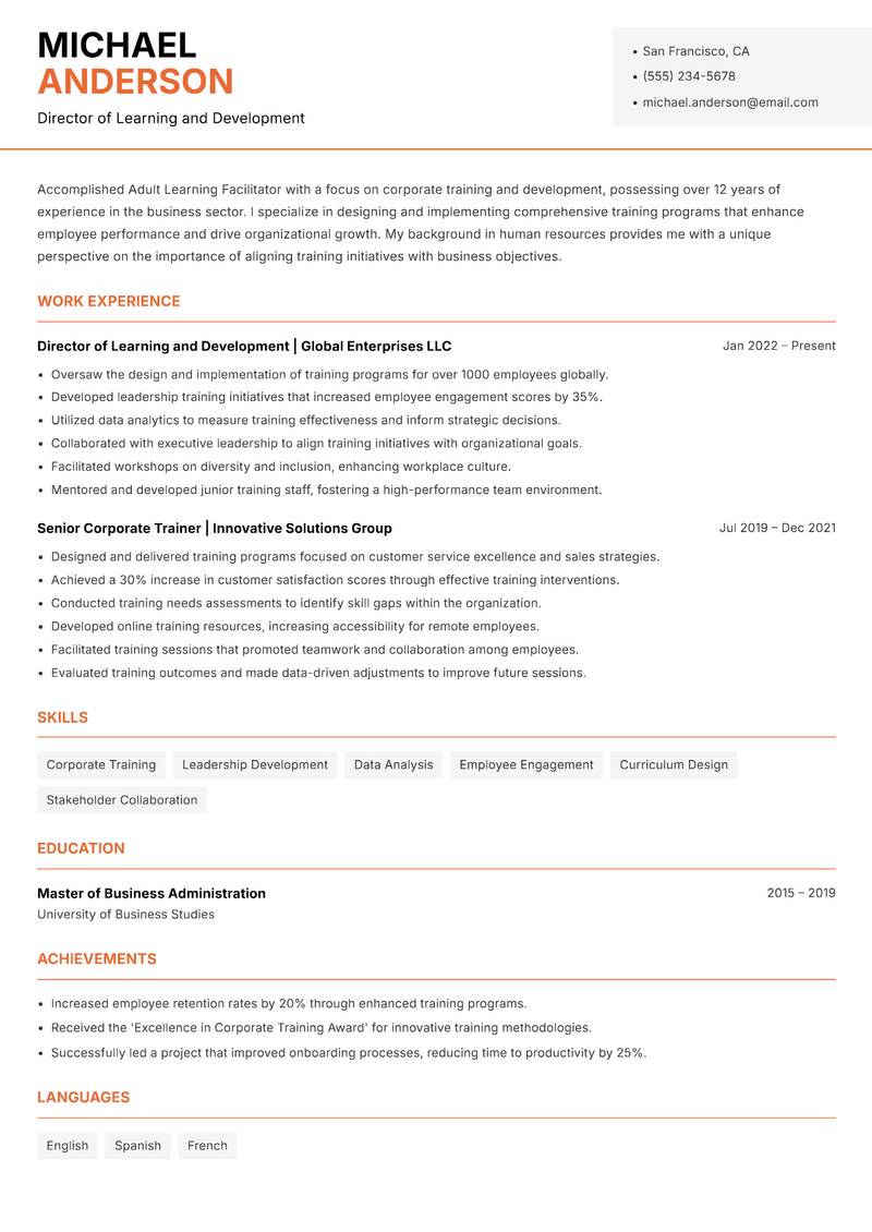 Adult Learning Facilitator resume template — Modern Professional