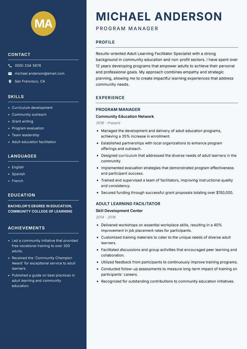 Adult Learning Facilitator Specialist resume template — Classic Clean