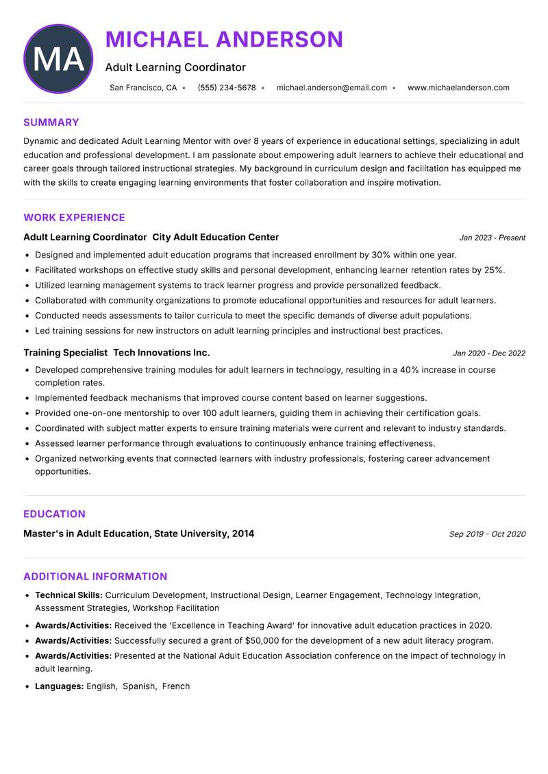 Adult Learning Mentor resume example — ATS-friendly template