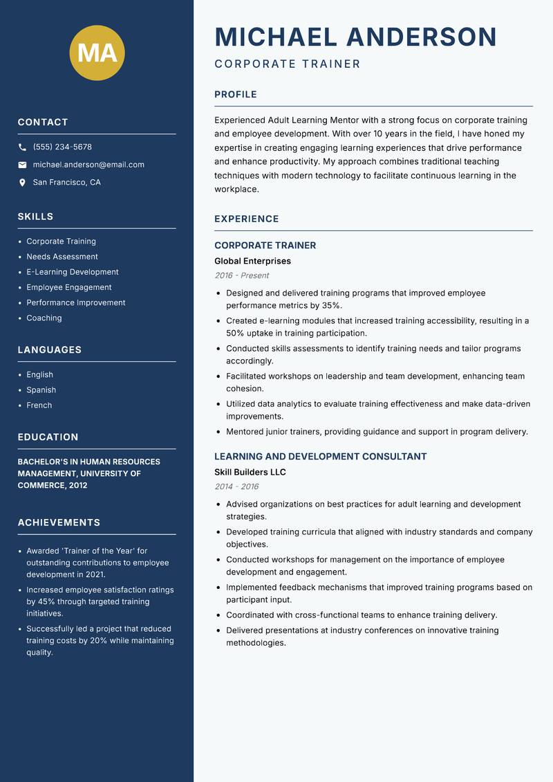 Adult Learning Mentor resume template — Classic Clean