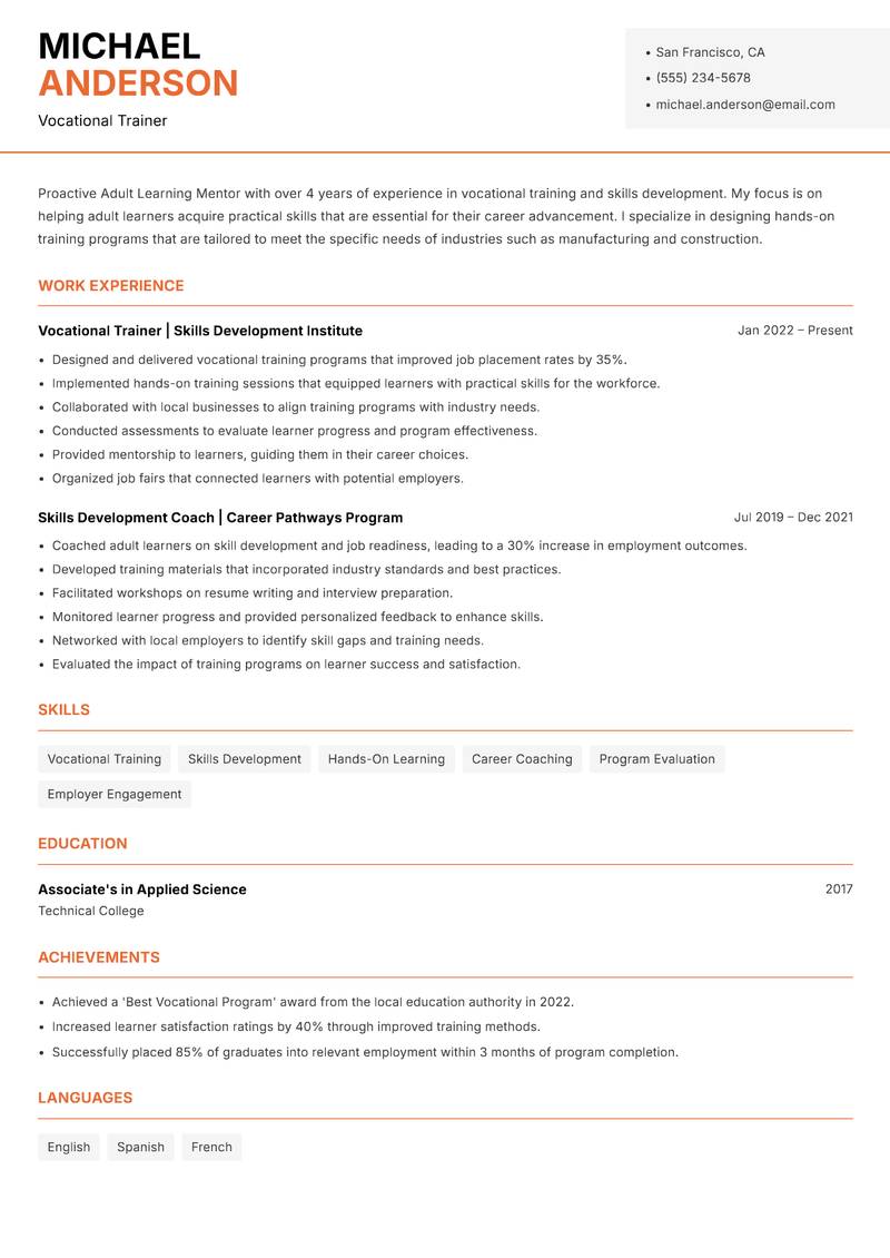 Adult Learning Mentor resume template — Modern Professional