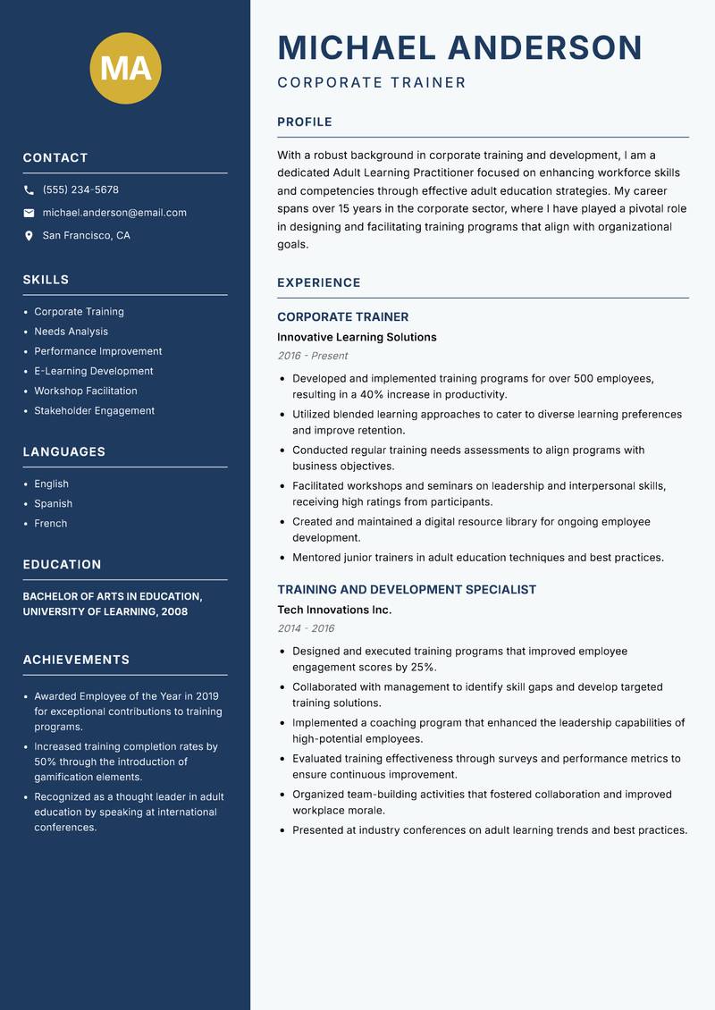 Adult Learning Practitioner resume template — Classic Clean