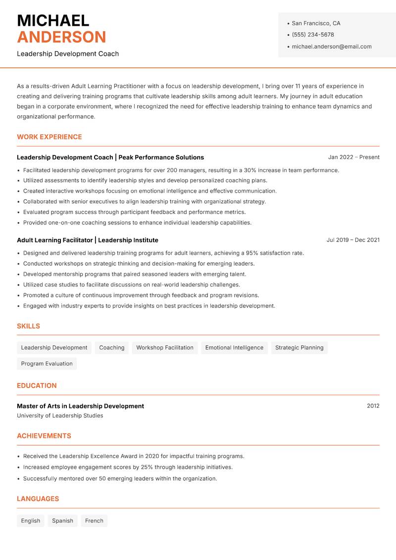 Adult Learning Practitioner resume template — Modern Professional