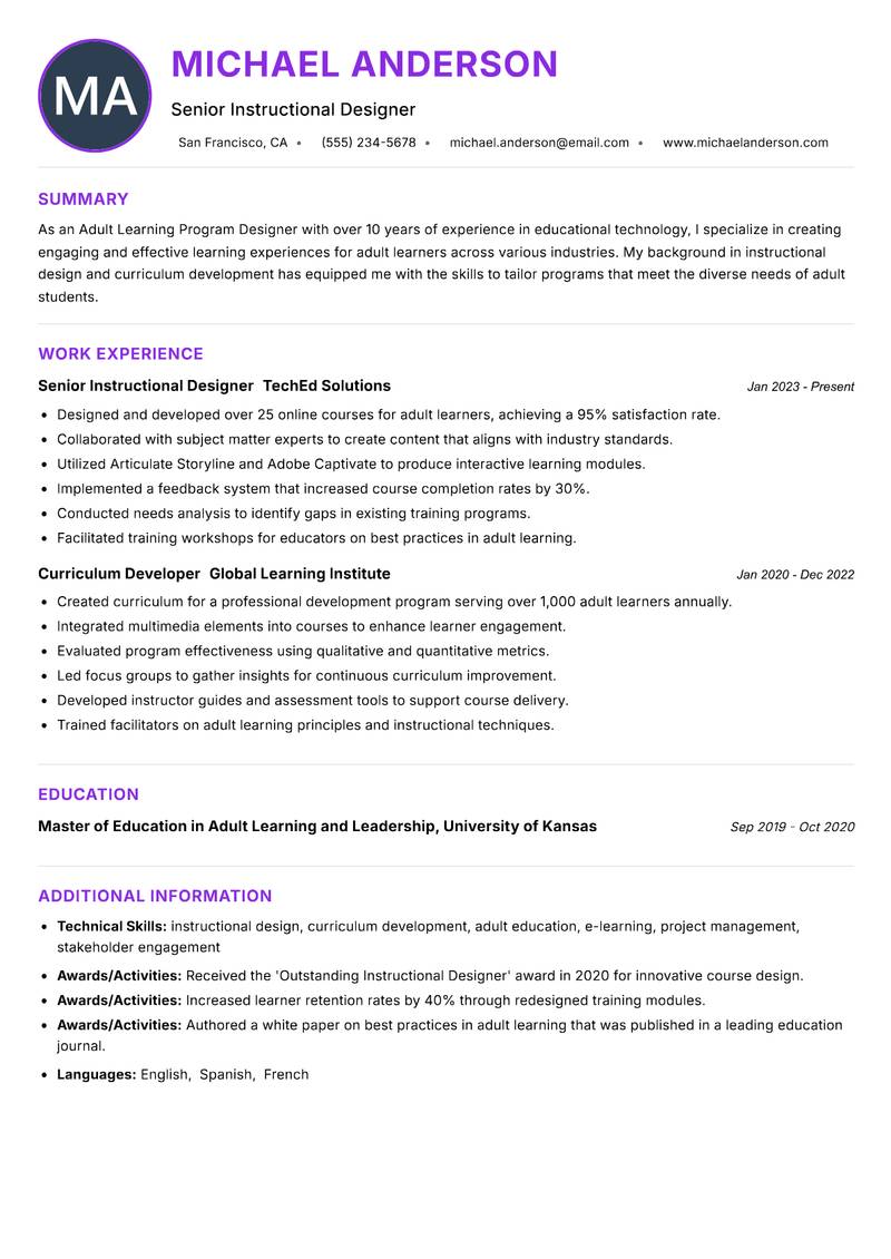 Adult Learning Program Designer resume example — ATS-friendly template