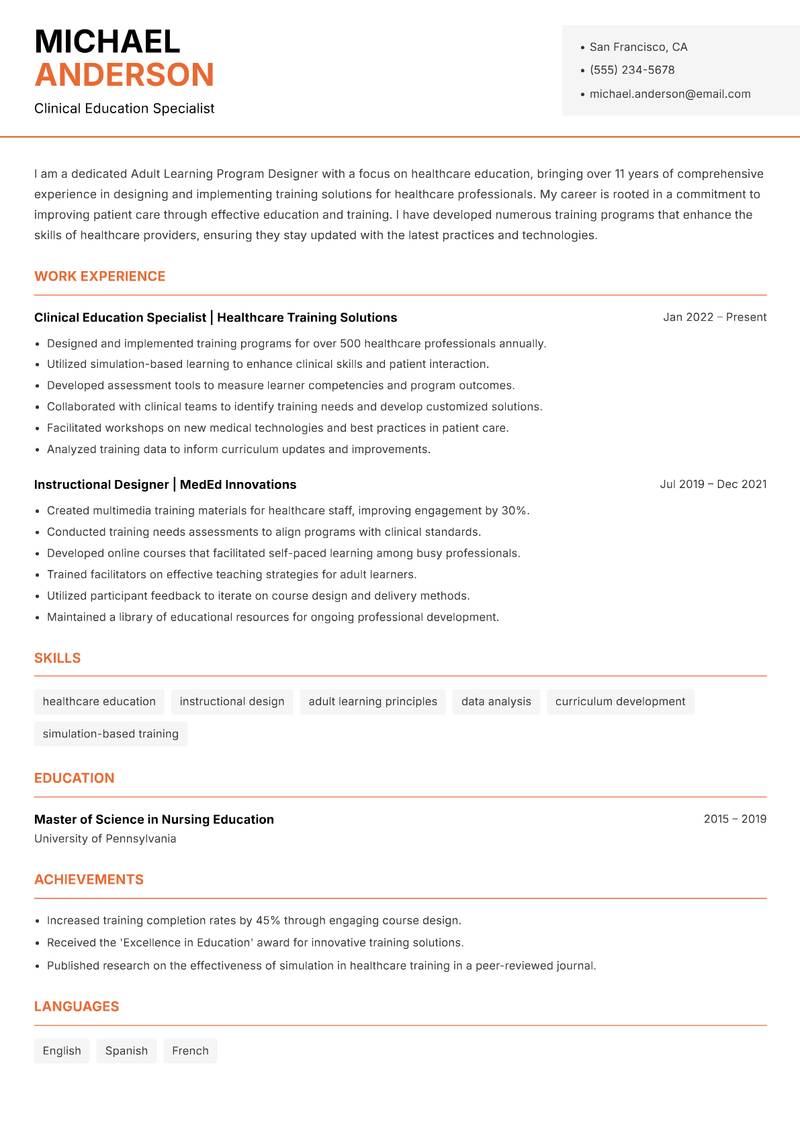Adult Learning Program Designer resume template — Modern Professional