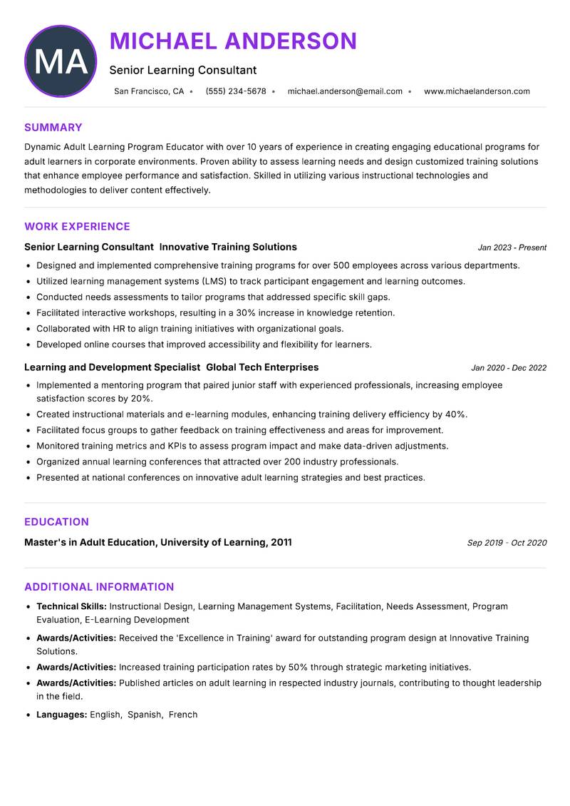 Adult Learning Program Educator resume example — ATS-friendly template