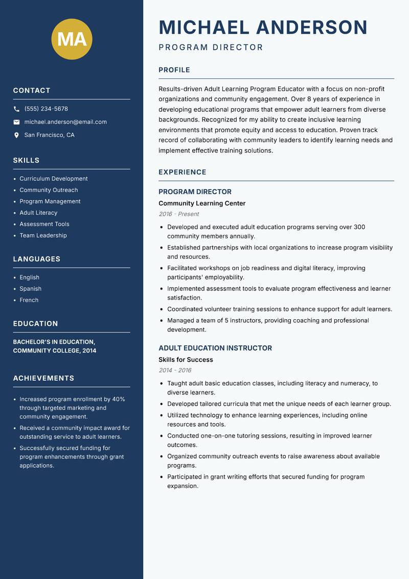 Adult Learning Program Educator resume template — Classic Clean
