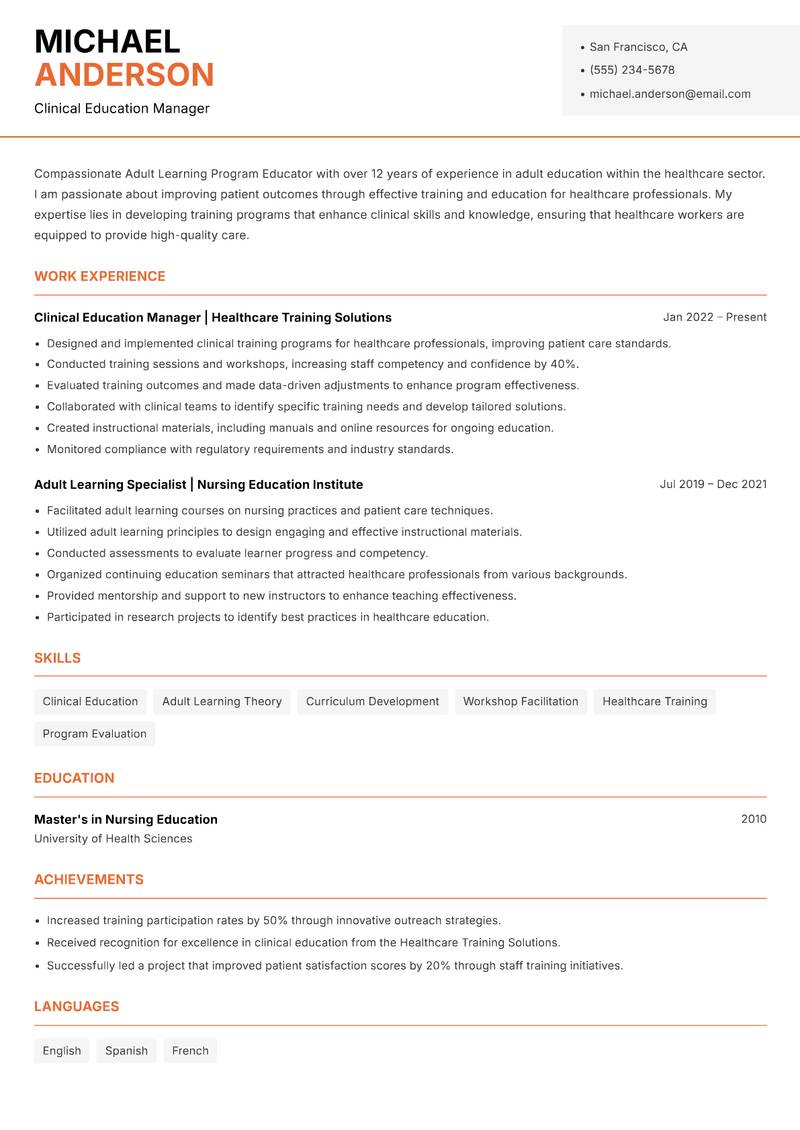 Adult Learning Program Educator resume template — Modern Professional