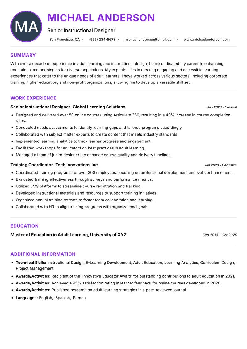 Adult Learning Researcher resume example — ATS-friendly template