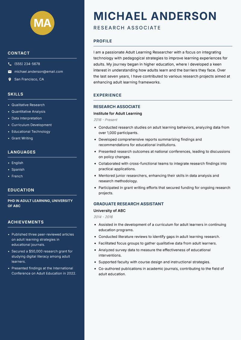 Adult Learning Researcher resume template — Classic Clean