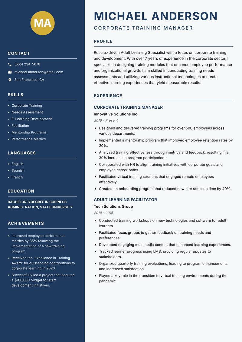 Adult Learning Specialist resume template — Classic Clean
