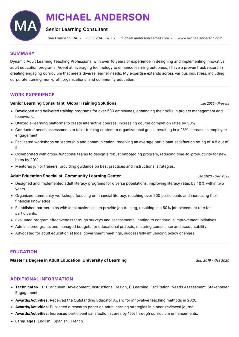 Adult Learning Teaching Professional resume example — ATS-friendly template