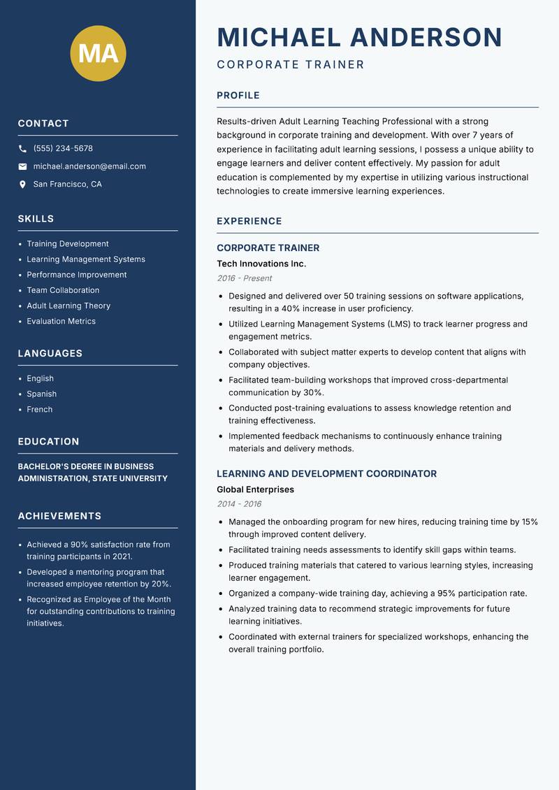 Adult Learning Teaching Professional resume template — Classic Clean