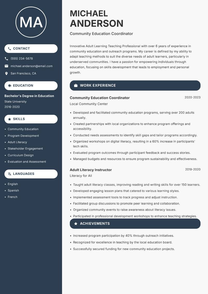 Adult Learning Teaching Professional resume template — Compact