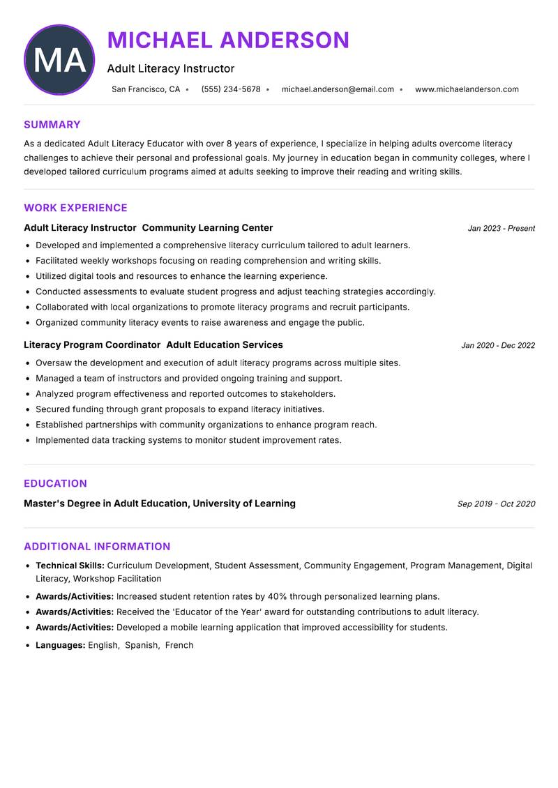 Adult Literacy Educator resume example — ATS-friendly template