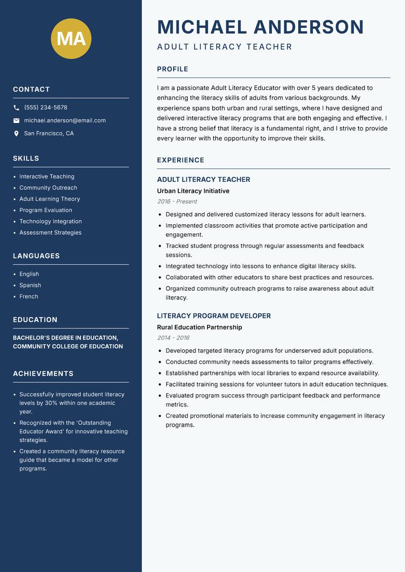 Adult Literacy Educator resume template — Classic Clean