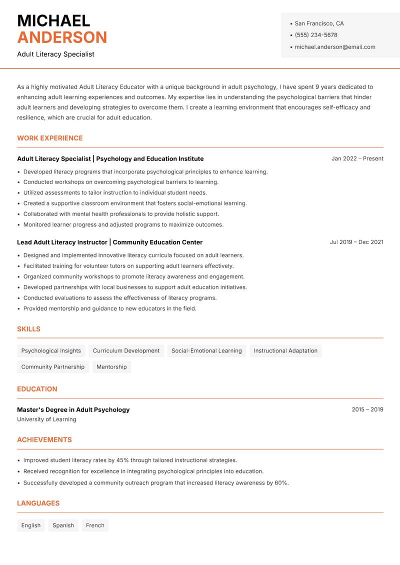 Adult Literacy Educator resume template — Modern Professional