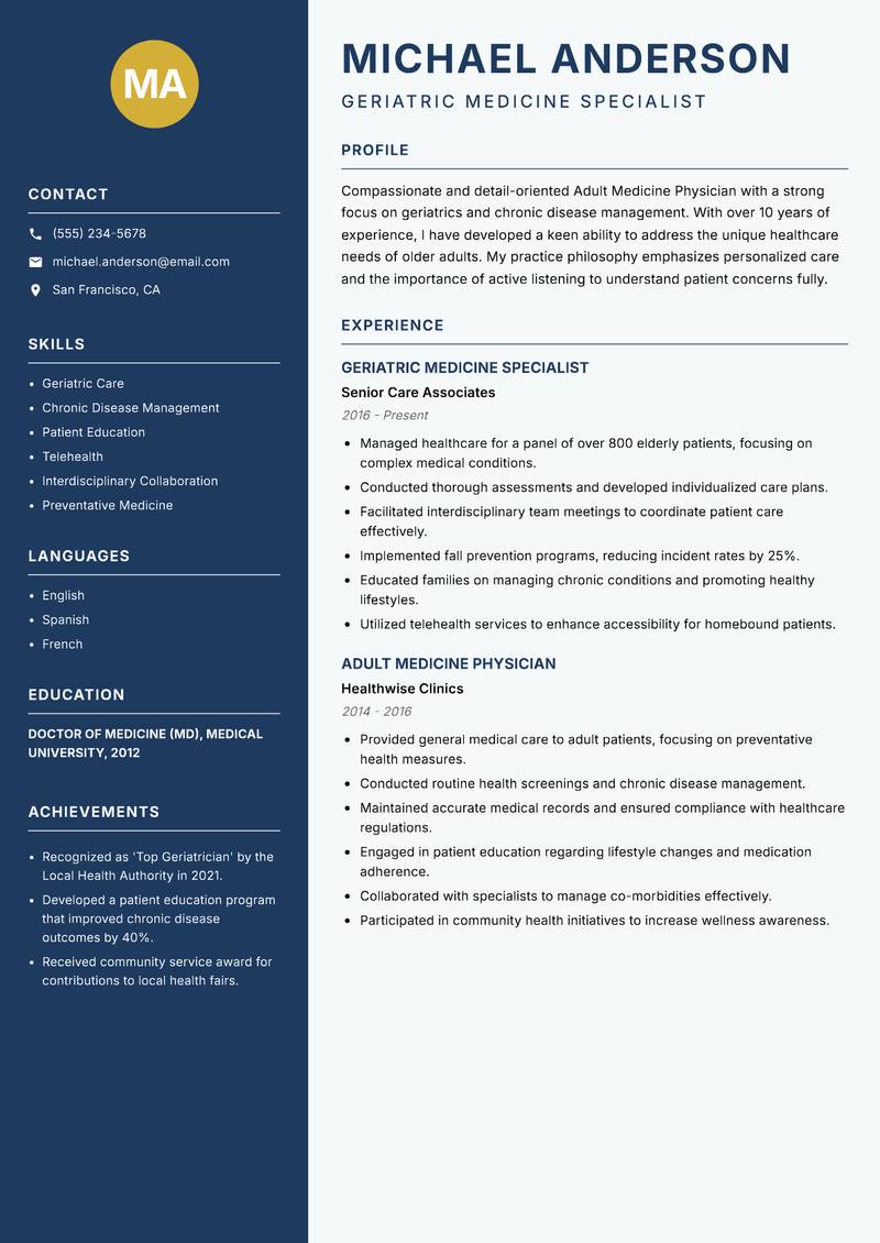 Adult Medicine Physician resume template — Classic Clean