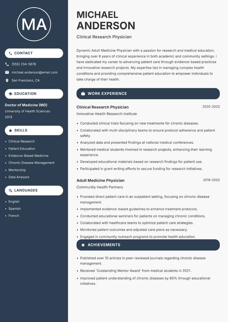 Adult Medicine Physician resume template — Compact