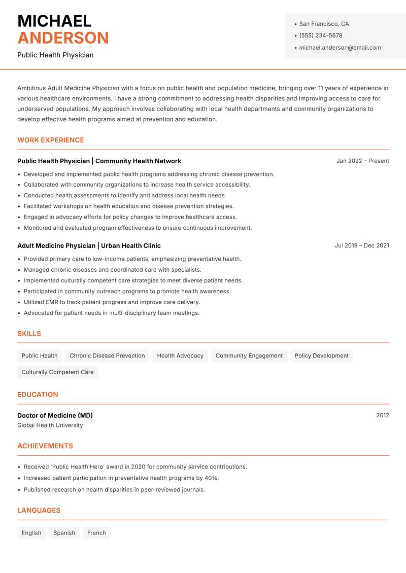 Adult Medicine Physician resume template — Modern Professional