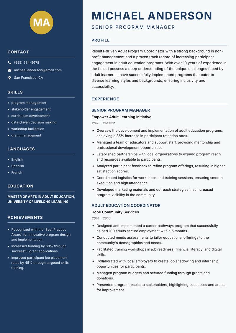 Adult Program Coordinator resume template — Classic Clean