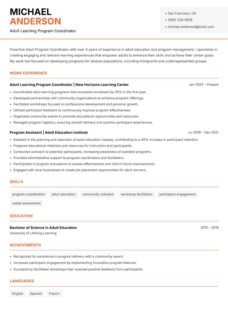 Adult Program Coordinator resume template — Modern Professional