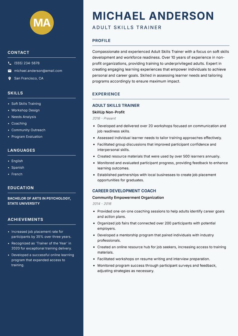 Adult Skills Trainer resume template — Classic Clean