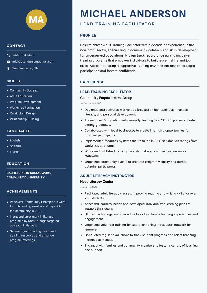 Adult Training Facilitator resume template — Classic Clean
