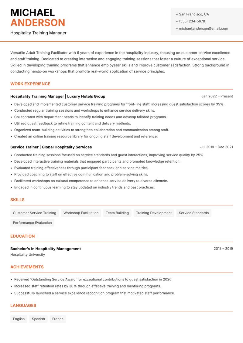 Adult Training Facilitator resume template — Modern Professional