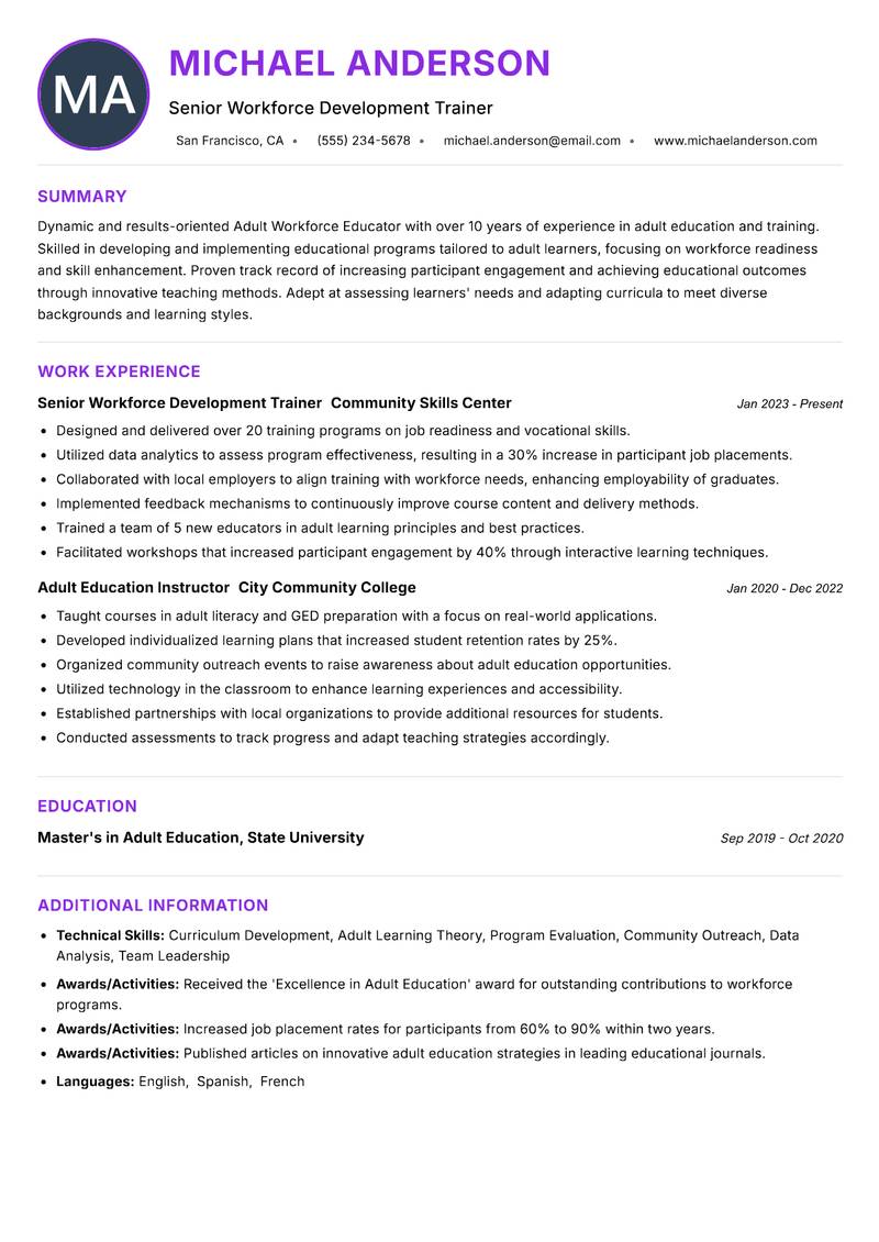 Adult Workforce Educator resume example — ATS-friendly template